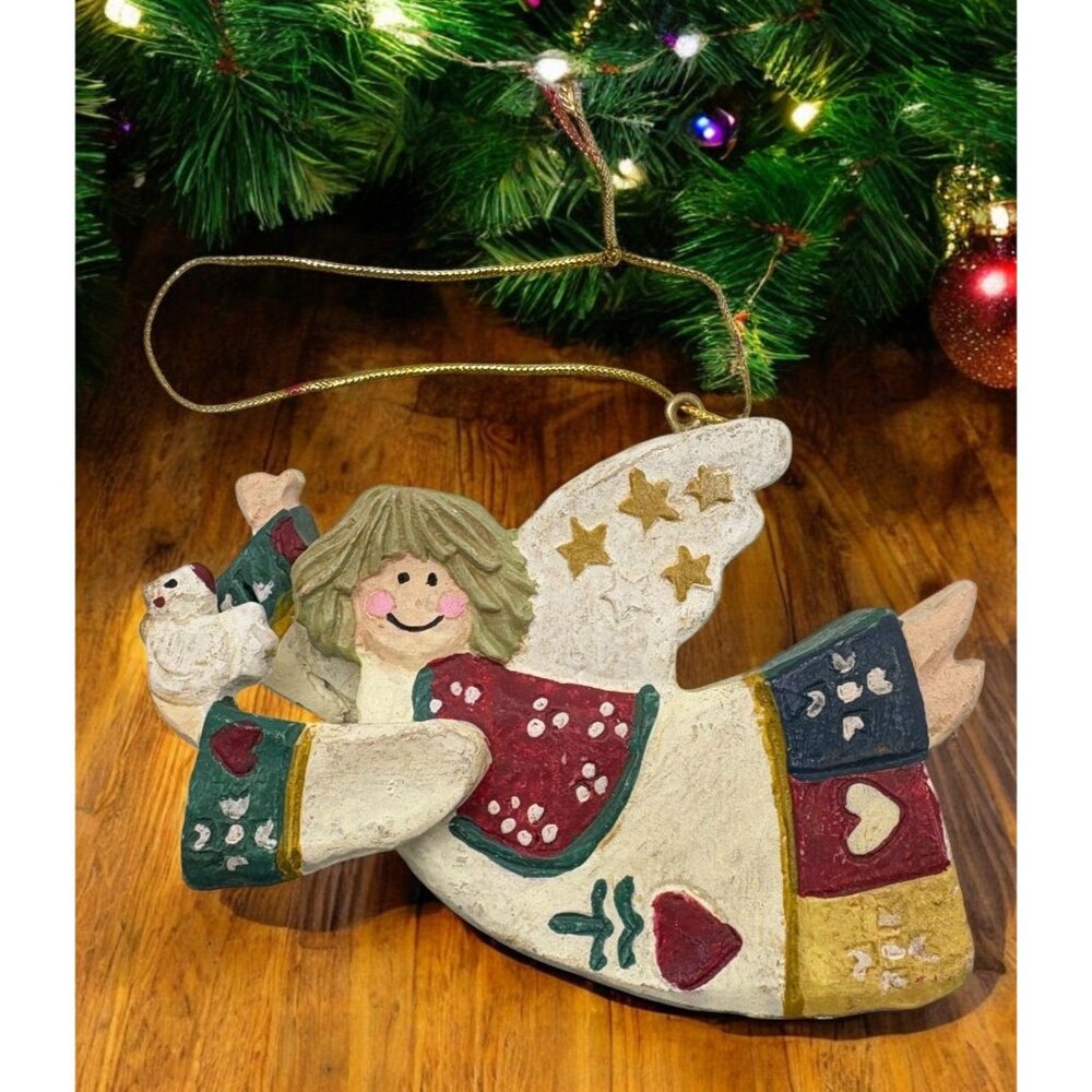 Vintage Folk Art Angel Christmas Tree Ornament Holding Chicken Rustic Farmhouse